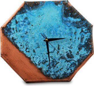 Farmhouse Rustic Octagon Wall Clock | Copper Patina Art Metal Hanging Decor Anniversary Gift For Husband