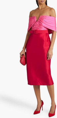 Off-the-shoulder two-tone duchesse-satin midi dress