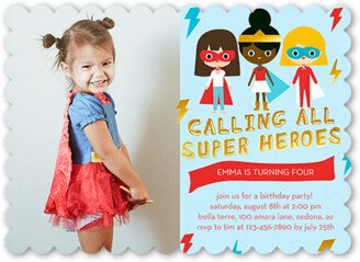 Girl Birthday Invitations: Super Heroes Birthday Invitation, Blue, 5X7, Pearl Shimmer Cardstock, Scallop