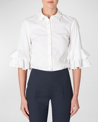 Button-Front Shirt with Ruffle Trim