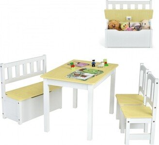 4 Pieces Kids Wooden Activity Table and Chairs Set with Storage Bench and Study Desk - 27.5