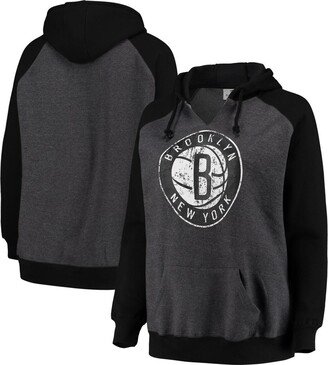 Women's Branded Heathered Charcoal, Black Brooklyn Nets Plus Size Raglan Notch Neck Pullover Hoodie - Heathered Charcoal, Black