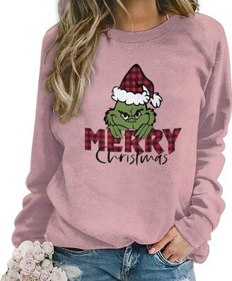 PORCLAY Merry Christmas Sweatshirts for Women Funny Grinch Crew Neck Sweatshirt Casual Fall Winter Loose Long Sleeve Pullover Pink Red 3XL