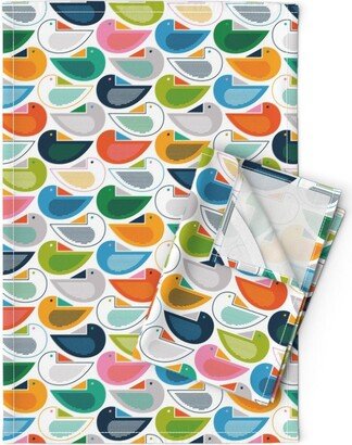 Retro Birds Tea Towels | Set Of 2 - Roosting Place By Katerhees Mid Century Modern 1950S Inspired Linen Cotton Spoonflower