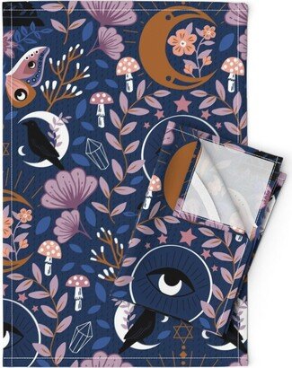 Eye Tea Towels | Set Of 2 - Bewitching Blooms By Sally Mountain Moon Moth Crystal Crow Florals Linen Cotton Spoonflower