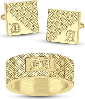 Men's Engravable Gothic-Style Plaid Cuff Link and Ring Set (1 Initial and 1 Line) - Size 8