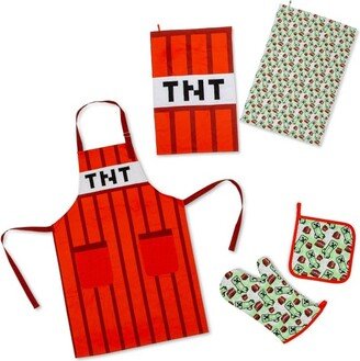 Ukonic Minecraft Red TNT Kitchen Set | Apron, Oven Mitt, Dish Towels, Pot Holder