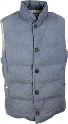 Sleeveless Down Jacket In Denim Effect Suede With A Slightly Shaded Blue Nuance.