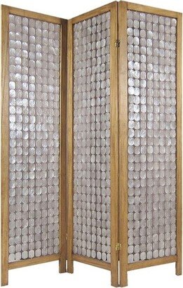 3 Panel Wooden Screen with Pearl Motif Accent, Brown and Silver