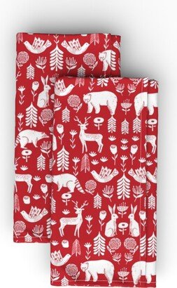 Cloth Napkins: Christmas Folk Scandinavian Winter Holiday Forest Animals - Red Cloth Napkin, Longleaf Sateen Grand, Red