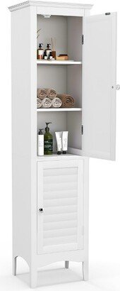 Tall Bathroom Floor Cabinet Narrow Linen Tower with 2 Doors & Adjustable Shelf