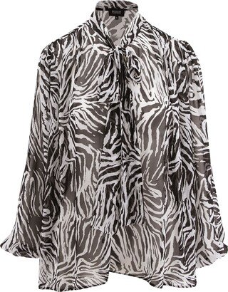 Bluzat Zebra Chiffon Blouse With Draped Shoulders & Bow Ribbon