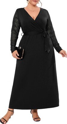 ShopWonder Plus Size V Neck Wrap Maxi Dress for Women Formal Curvy Wedding Guest Dresses Lace Long Sleeve Fall Dress Black 2XL