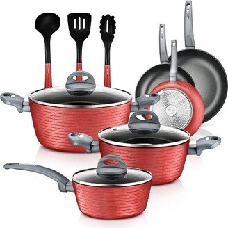 Ridge Line Nonstick Kitchen Pots and Pans, 12 Piece Set, Red