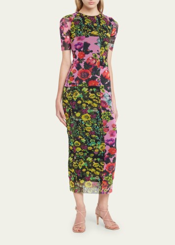 Short-Sleeve Floral-Print Tulle Midi Dress