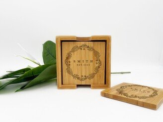 Customized Bamboo Square Coaster Set With Holder - Wedding, Birthday, Anniversary, Dad, Mother, Corporate Gift Drink Coasters Of 4