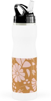 Photo Water Bottles: Jungle Floral - Orange And Pink Stainless Steel Water Bottle With Straw, 25Oz, With Straw, Orange