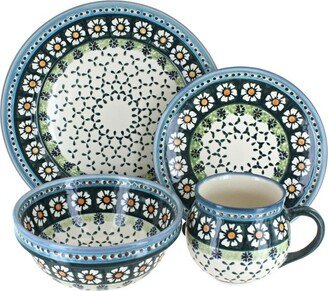 Blue Rose Pottery Blue Rose Polish Pottery Country Green Daisy 16 PC Dinnerware Set with Bell Mug