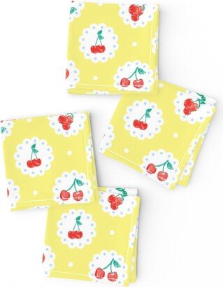 Vintage Cherries Cocktail Napkins | Set Of 4 - On Yellow By Twodreamsshop Summer Cloth Spoonflower