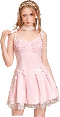 CAUME Contrast Lace Ruched Bust Cami Dress - Sleeveless Spaghetti Strap Mini Dress Fall Dresses for Women 2022 DODHRUBEWKL (Color : Pink