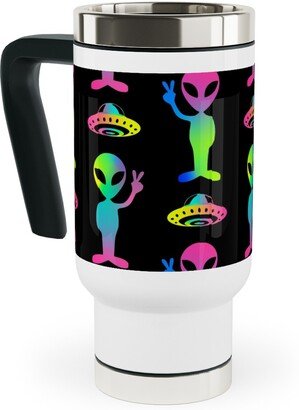 Travel Mugs: 90'S Rainbow Aliens And Ufos - Multi On Black Travel Mug With Handle, 17Oz, Black