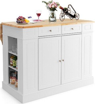 Tangkula Large Kitchen Island Drop Leaf Breakfast Bar w/ Wood Top Shelves Drawers White