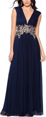 Petite Embroidered Grecian Pleated Gown - Navy/Gold