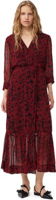 Red Printed Light Georgette Wrap Midi Dress