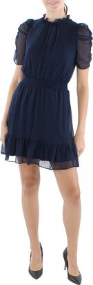 Petites Womens Ruffled Smocked Mini Dress