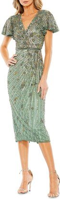 Cocktail Beaded Faux Wrap Midi-Dress