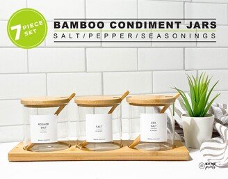 7 Piece Bamboo Storage Jar With Tray Salt Pepper Chili Glass Storage Jar Customizable Modern Kitchen Pantry Gift Sugar Honey Creamer