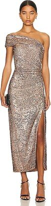 SIMKHAI Zay Hammered Sequin Draped Bustier Midi Dress in Brown