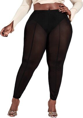 MakeMeChic Women's Plus Size Mesh Sheer High Waist Panty Lined Leggings Pants Black 2XL