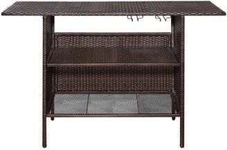 Patio Rattan Bar Counter Table with Steel Shelves for Garden