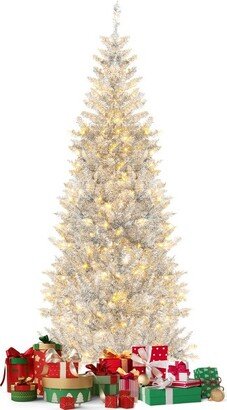 Tangkula 6 FT Pre-lit Artificial Christmas Tree Hinged Xmas Pencil Tree with 790 Branch Tips 300 Warm White LED Lights