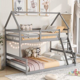 EDWINRAY Twin Over Full House Bunk Bed with Built-in Ladder and Guard Rails, Gray