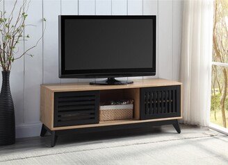 RASOO Scandinavian TV Stand with 2 Doors Storage & Cord Management in Oak & Espresso Finish, up to 50 TVs