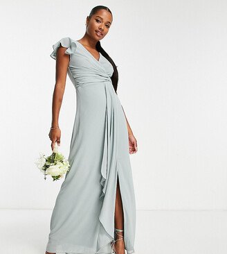 TFNC Petite Bridesmaid flutter sleeve ruffle detail maxi dress in sage