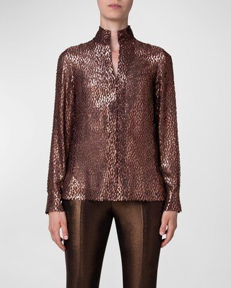 Metallic Burnout Silk Tunic Blouse