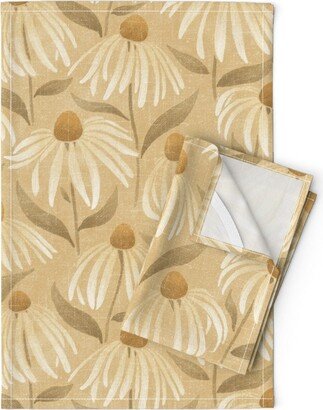 Wildflower Tea Towels | Set Of 2 - Coneflower Meadow By Byre Wilde Faux Linen Look Earth Tones Cotton Spoonflower