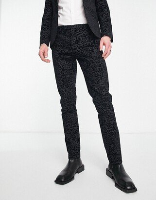 helfand skinny suit pants in charcoal with leopard print flock