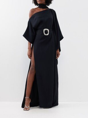 Taylor Asymmetric Belted Crepe Maxi Dress