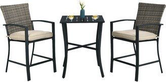 3 Pieces Patio Rattan Bar Furniture Set with Slat Table and 2 Cushioned Stools-Gray - 27.5