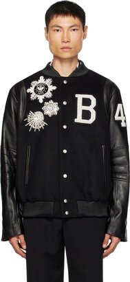 Black Paneled Leather Bomber Jacket