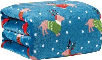 Kate Aurora Blue Christmas Reindeer Puppies Ultra Soft & Plush Accent Throw Blanket - 50 in. W x 60 in. L