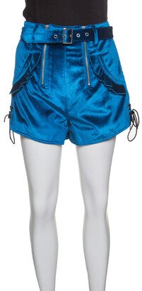 Peacock Blue Velvet Lace-up Cuff Belted High Waist Shorts S