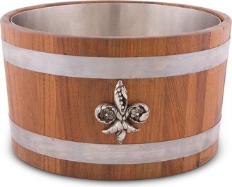 Solid Teak Wood Ice, Wine, Champagne, Beer Cooler, Tub with Pewter Fleur De Lis Emblem and Pewter Bands