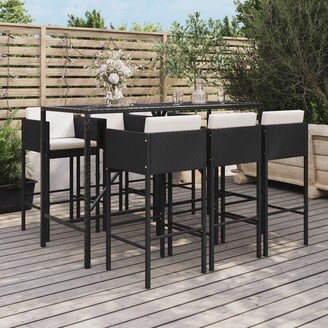 7 Piece Patio Bar Set with Cushions Black Poly Rattan - 19.7