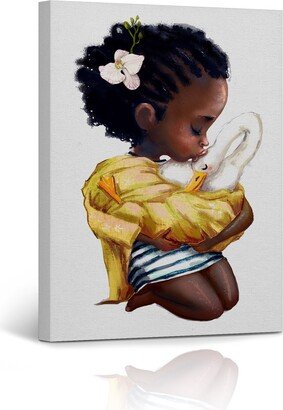 Curly Girl Afro African American Kid Cuddle With Swan Watercolor Painting Canvas Wall Art Print Kids Nursery Room Home Decor