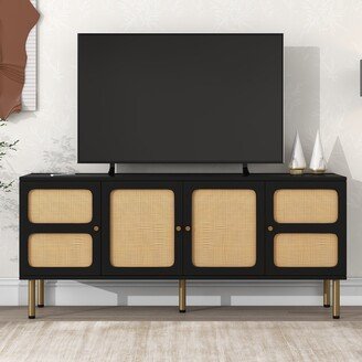 GREATPLANINC Black 64.9 TV Stand Media Console Table with Gold Leg & Rattan Door - 64.90 x 16.90 x 28.30